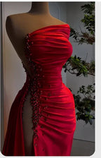 Vestido de noche rojo con escote asimétrico, satén plisado y abertura alta, vestido formal encantador Y379