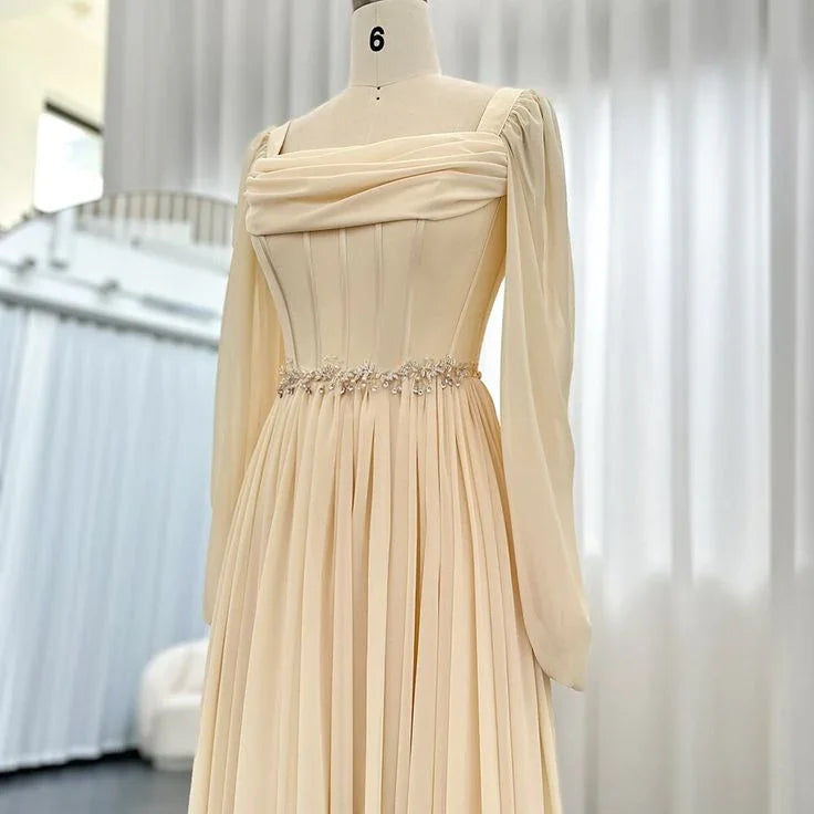 Beige Short Midi Arabic Evening Dress with Belt Long Sleeve Tea Length Women Formal Wedding Party Gowns Y4847