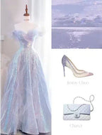 Purple Off Shoulder Sequin Tulle Long Prom Dress Purple Formal Evening Dresses Y4659