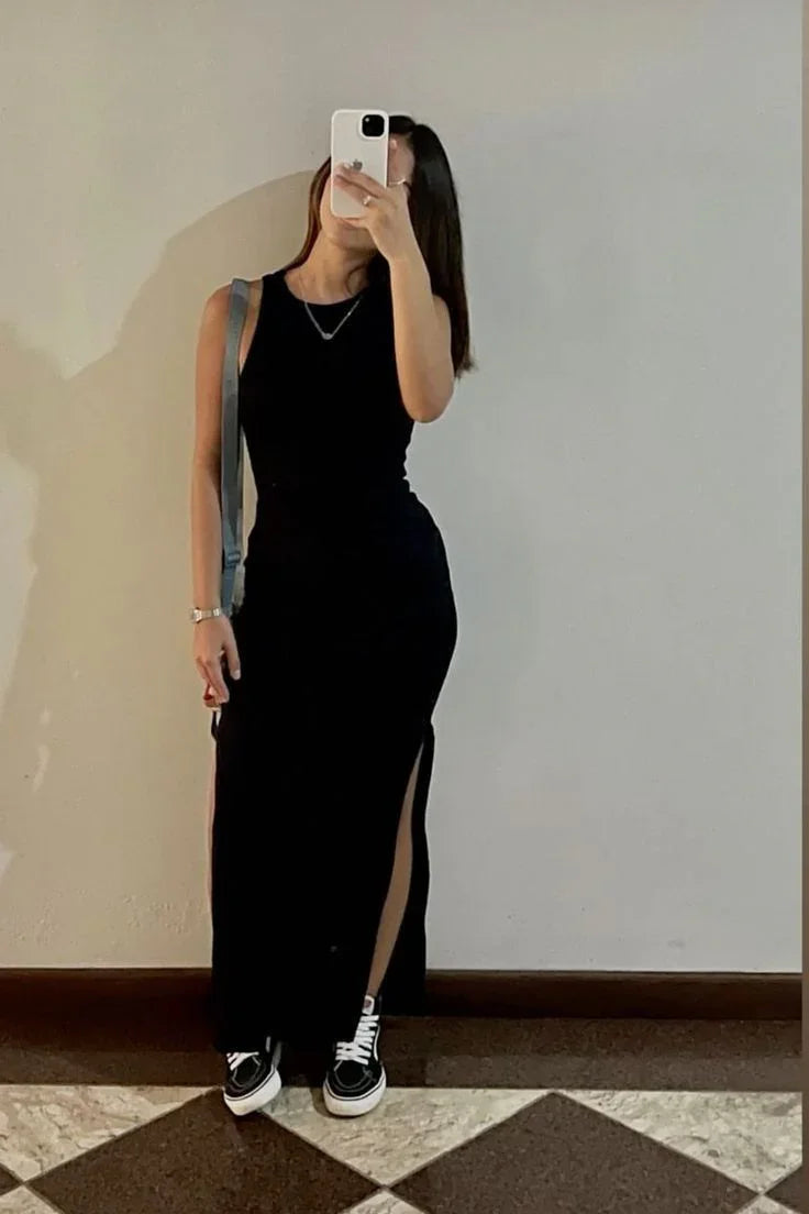Vestido de Festa Preto Justo e Sedutor com Fenda Y7160