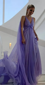 Vestido largo de tul morado sencillo con escote en V para fiesta Y7774