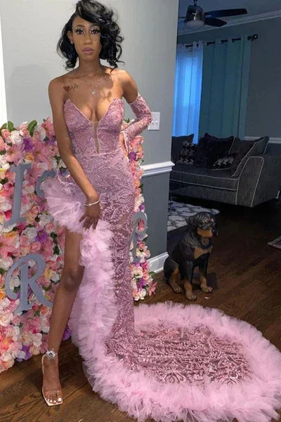 Robes de bal en tulle rose foncé séduisant | Robe de soirée fendue profonde à décolleté cœur Y1739