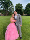 Charming Pink A-line Tulle Tiered Prom Dress,Pink Tulle Evening Dress Y2161