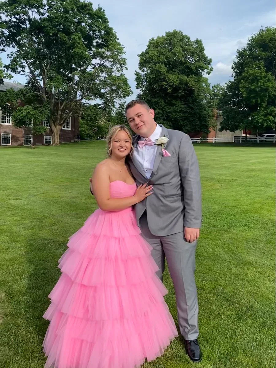 Charming Pink A-line Tulle Tiered Prom Dress,Pink Tulle Evening Dress Y2161