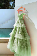 Vestido de Baile Único em Verde-Sálvia com Folhos em Tule para Baile de Finalistas Y4500