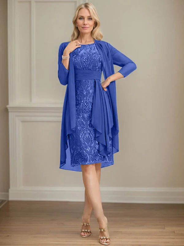 Etui/Säulenförmiges Kleid mit Illusion, knielang, aus Spitze und Chiffon, Brautmutterkleid mit herabfließenden Rüschen und Pailletten