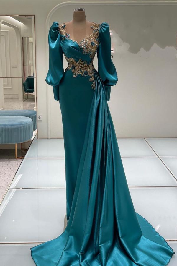 Lujosos vestidos de fiesta de sirena de satén con mangas largas y joya