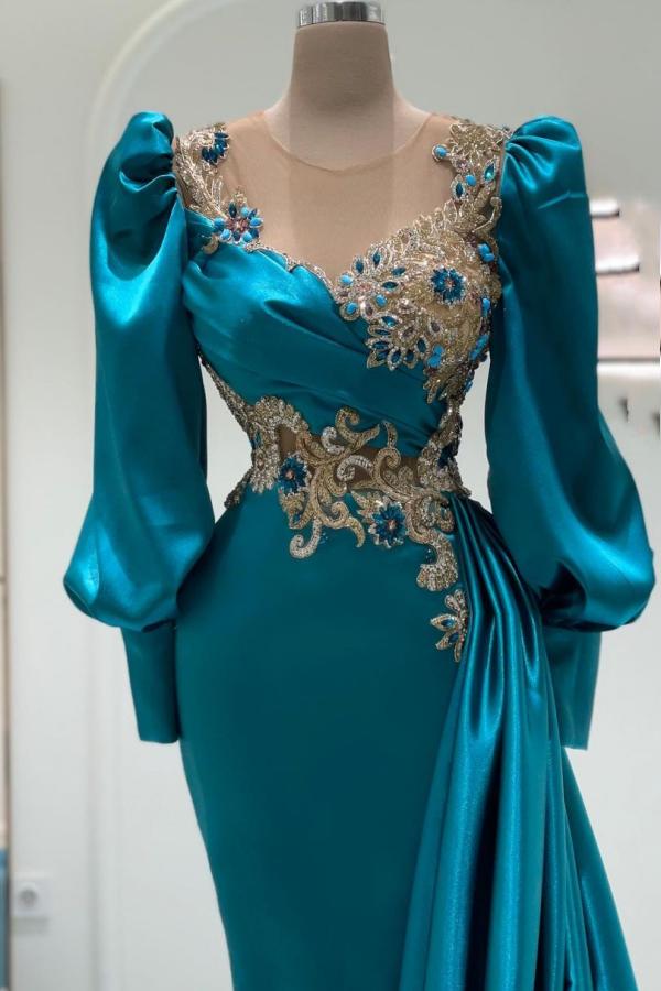Lujosos vestidos de fiesta de sirena de satén con mangas largas y joya