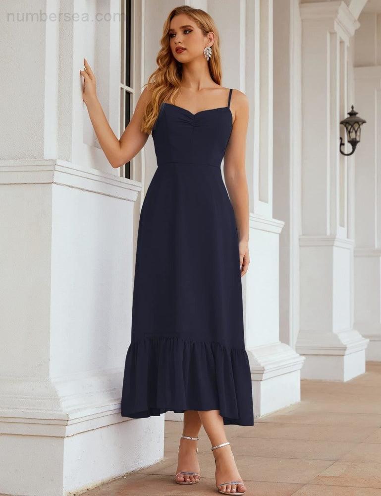 Numbersea Vestido de Dama de Honra em Chiffon com Alças Finas, Comprimento ao Tornozelo, Formal, Corte em A, para Cocktail e Festa de Regresso a Casa para Jovens SEA28028