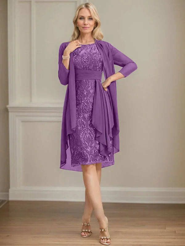 Etui/Säulenförmiges Kleid mit Illusion, knielang, aus Spitze und Chiffon, Brautmutterkleid mit herabfließenden Rüschen und Pailletten