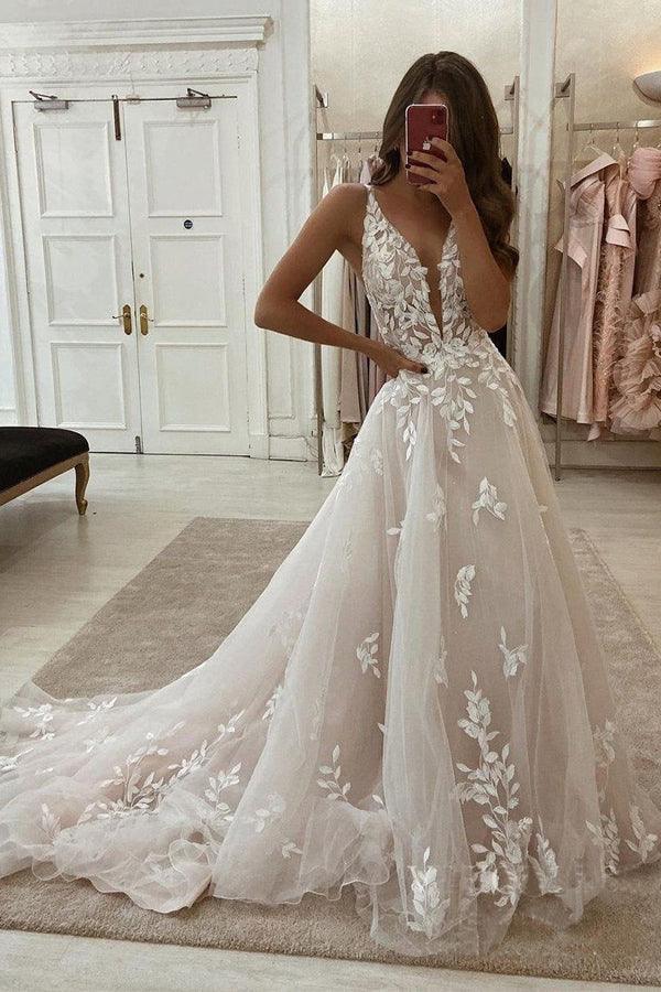 Vestidos de novia de encaje con escote en V profundo, vestido de novia romántico con cola