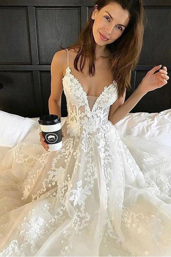 Tiefer V-Ausschnitt Spaghettiträger Strandhochzeitskleid Brautkleid