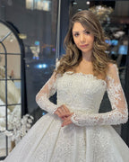 Vestido de novia de lujo de corte A con encaje, mangas largas y volantes, largo hasta el suelo
