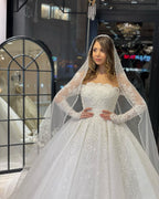 Vestido de novia de lujo de corte A con encaje, mangas largas y volantes, largo hasta el suelo