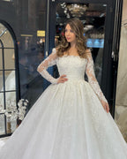 Vestido de novia de lujo de corte A con encaje, mangas largas y volantes, largo hasta el suelo