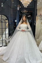 Vestido de novia de lujo de corte A con encaje, mangas largas y volantes, largo hasta el suelo