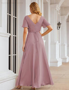 Wrap V-Neck Chiffon Bridesmaid Dresses Long Formal Maxi Evening Gown for Wedding Guests  SEA28049