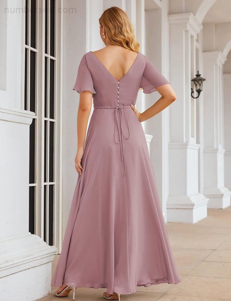 Wrap V-Neck Chiffon Bridesmaid Dresses Long Formal Maxi Evening Gown for Wedding Guests  SEA28049