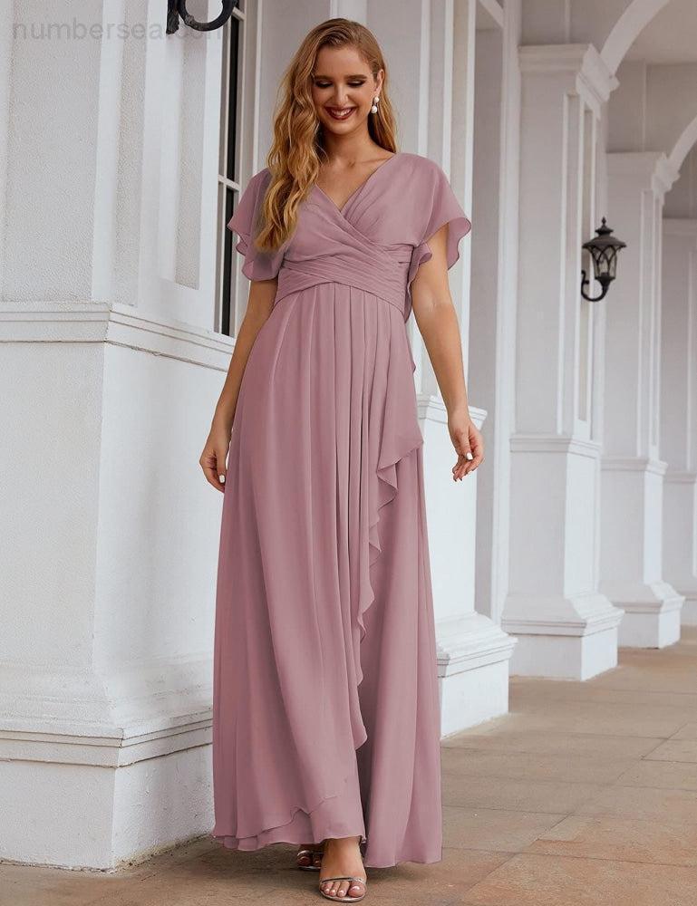 Chiffon Bridesmaid Dresses Long Formal Evening Prom Mother of The Bride Dress with Flutter Sleeve SEA28040