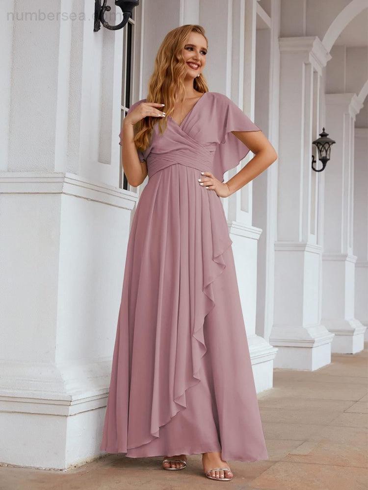 Chiffon Bridesmaid Dresses Long Formal Evening Prom Mother of The Bride Dress with Flutter Sleeve SEA28040