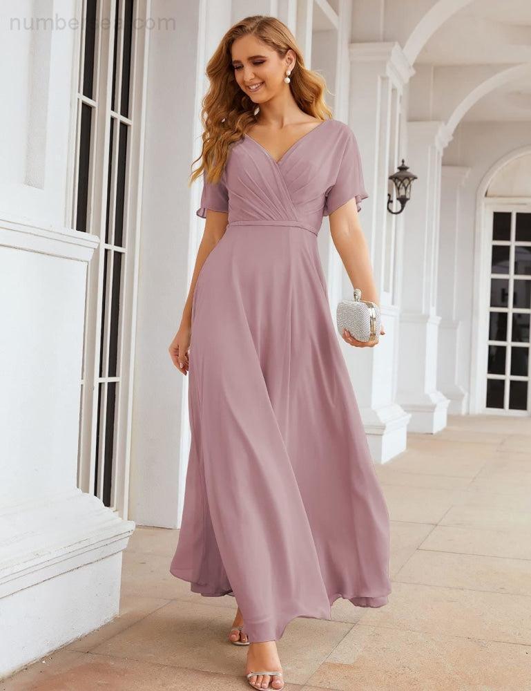 Wrap V-Neck Chiffon Bridesmaid Dresses Long Formal Maxi Evening Gown for Wedding Guests  SEA28049