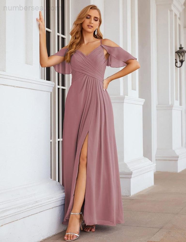 Chiffon Cold Shoulder Long Bridesmaid Dresses Plus Size Formal Prom Gowns for Women Party Wedding SEA28070