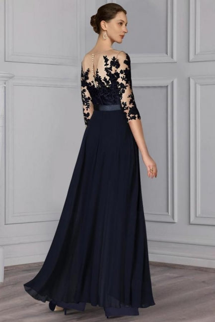 Fato de Calças Festivo Longo em Chiffon de Designer com Mangas de Renda Vestidos para Mãe da Noiva com Cauda Destacável
