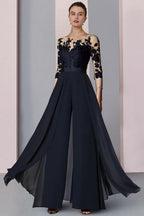 Fato de Calças Festivo Longo em Chiffon de Designer com Mangas de Renda Vestidos para Mãe da Noiva com Cauda Destacável
