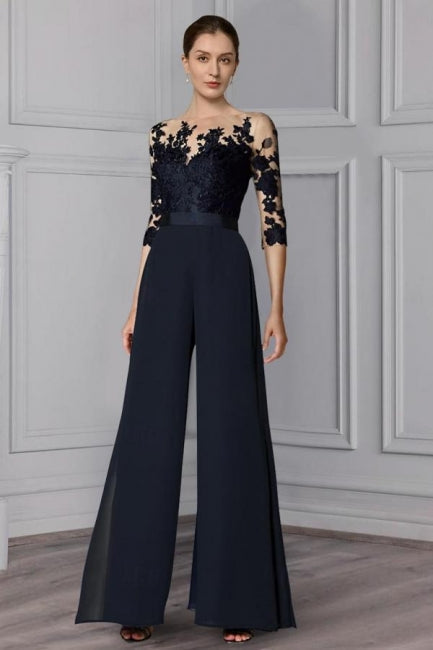 Fato de Calças Festivo Longo em Chiffon de Designer com Mangas de Renda Vestidos para Mãe da Noiva com Cauda Destacável
