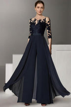 Fato de Calças Festivo Longo em Chiffon de Designer com Mangas de Renda Vestidos para Mãe da Noiva com Cauda Destacável