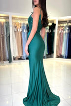 Robe de bal longue vert foncé style sirène sans manches en dentelle avec fente