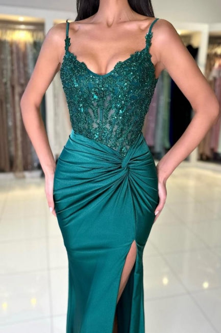 Robe de bal longue vert foncé style sirène sans manches en dentelle avec fente