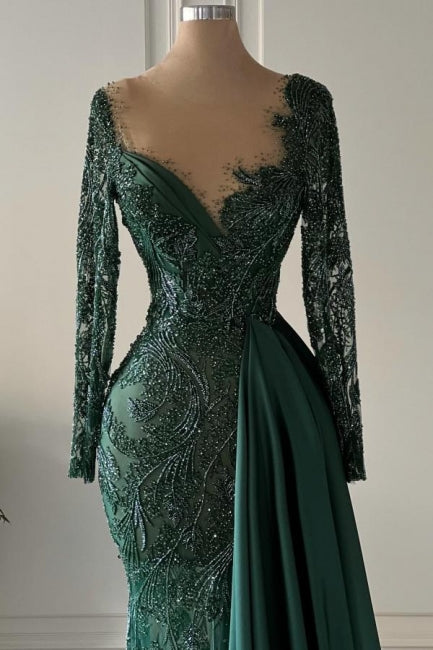 Vestidos de cerimónia compridos de renda verde escuro com decote em V, estilo sereia, com mangas compridas