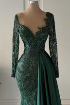 Vestidos de cerimónia compridos de renda verde escuro com decote em V, estilo sereia, com mangas compridas