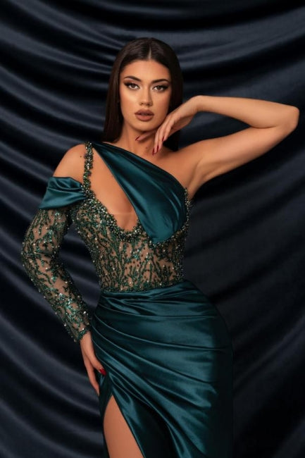 Robe de bal longue sirène à une épaule avec manches longues en dentelle et fente