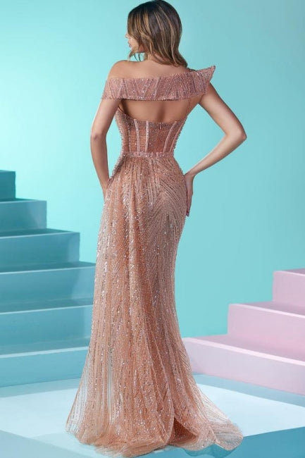 Robe de bal longue sirène à fines bretelles, ornée de perles et de paillettes, avec fente