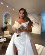 Designer Long White A Line Wedding Dress With High Front Split V Neck Satin