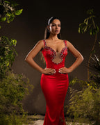 Robe de bal rouge en satin, sans manches, à épaules dénudées, sirène de créateur avec strass