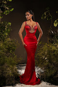 Robe de bal rouge en satin, sans manches, à épaules dénudées, sirène de créateur avec strass