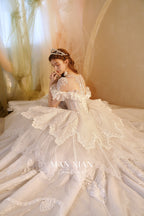 Ethereal Off-Shoulder Crystal Ball Gown Wedding Dress with Bow Detail & Cathedral Train