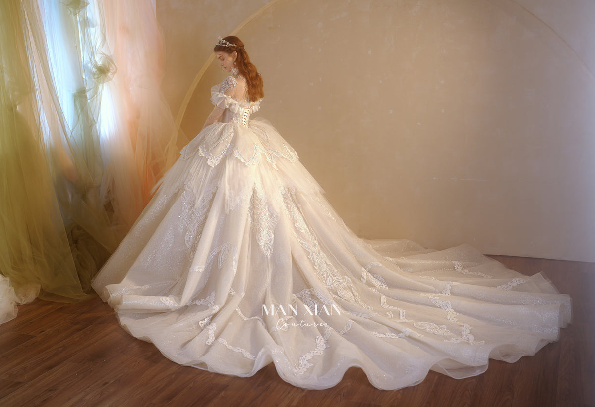 Ethereal Off-Shoulder Crystal Ball Gown Wedding Dress with Bow Detail & Cathedral Train