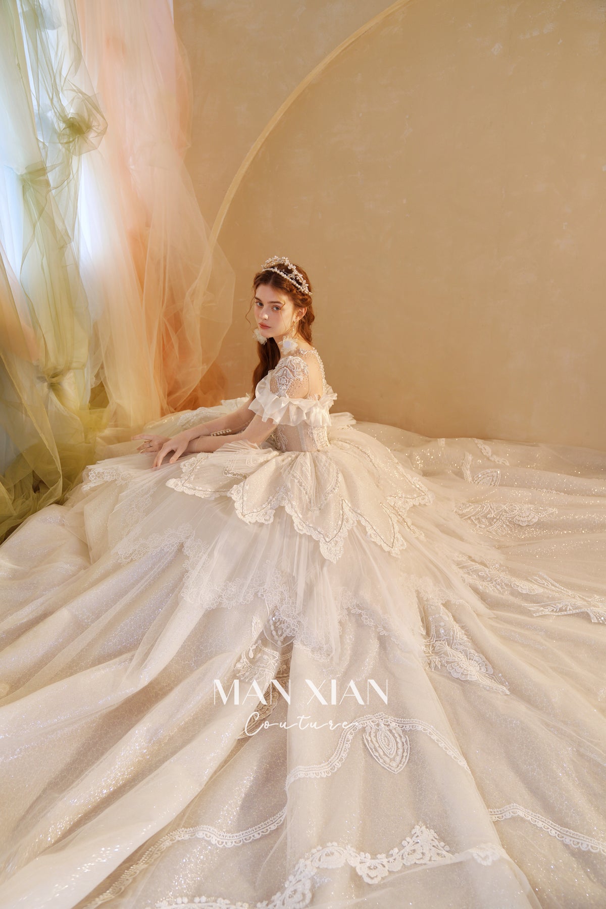Ethereal Off-Shoulder Crystal Ball Gown Wedding Dress with Bow Detail & Cathedral Train