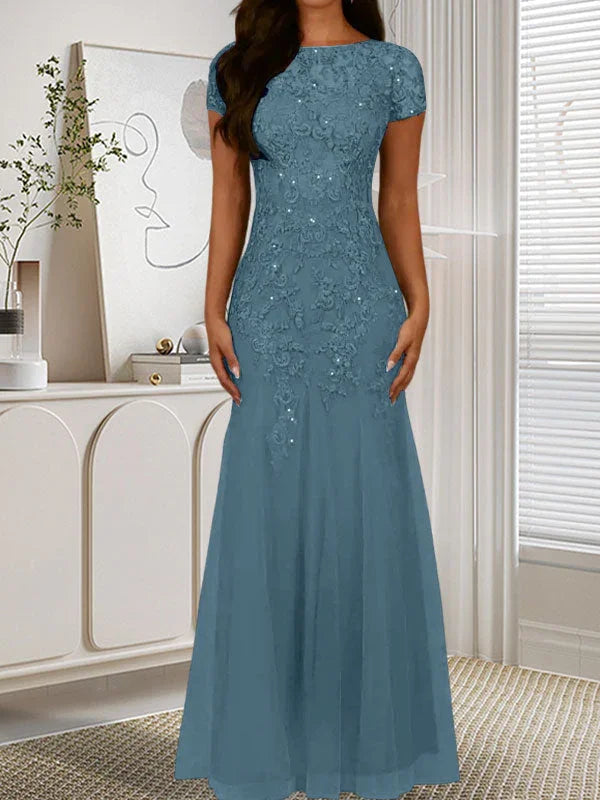 Abito in tulle con scollo a sirena e paillettes blu marina scuro