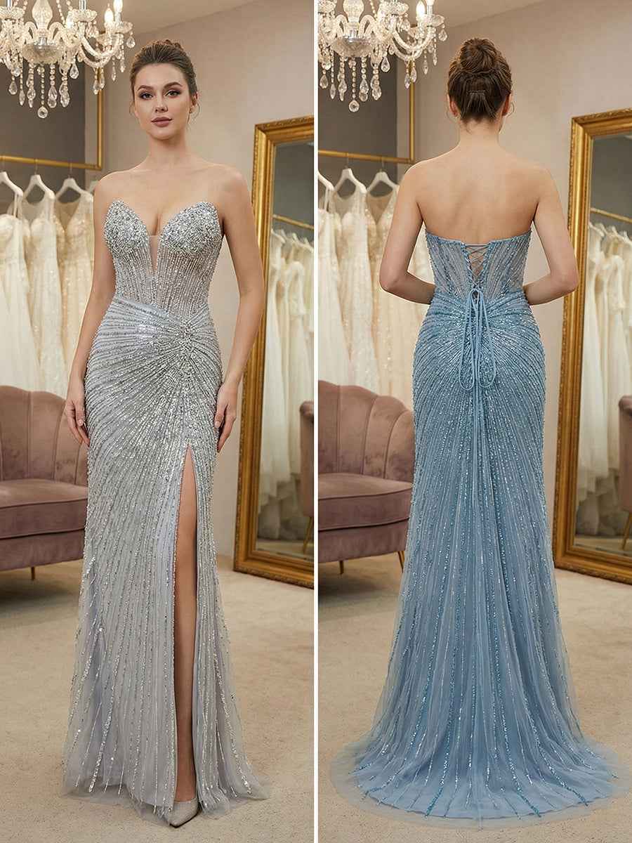 Dusty Blue Beaded Linear Corset Prom Dress With High Slit