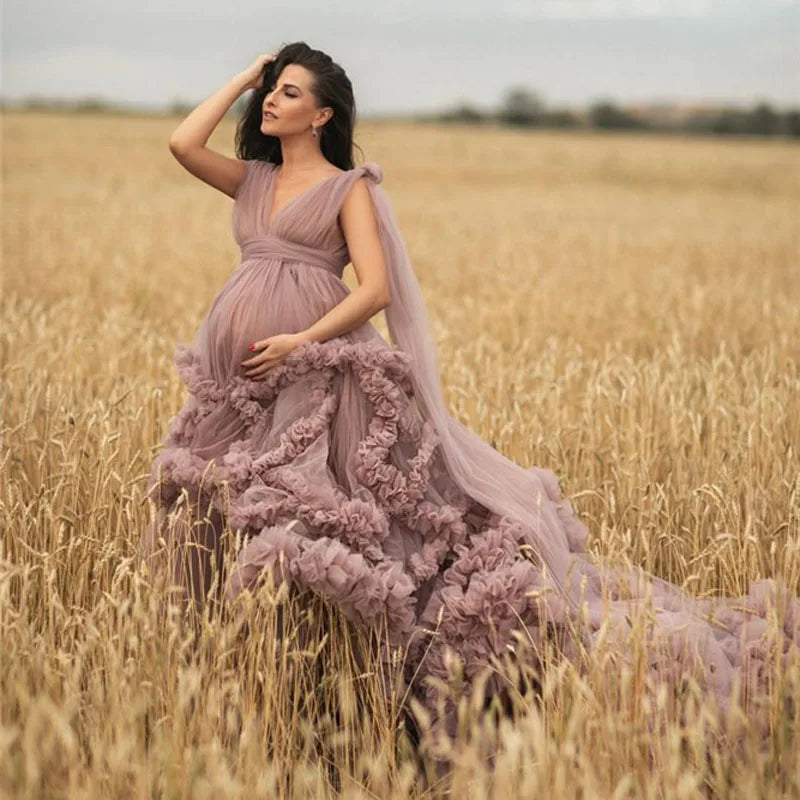 Dusty Pink Maternity Dress Robes for Photo Shoot or baby shower Ruffle Tulle Chic Women Dresses Nightgown Photography Robe