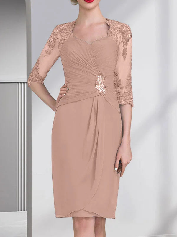 Vestido de madrina de novia de gasa con apliques de cuentas, encaje, lentejuelas y pliegues, largo hasta la rodilla, corte tubo y columna, con escote corazón