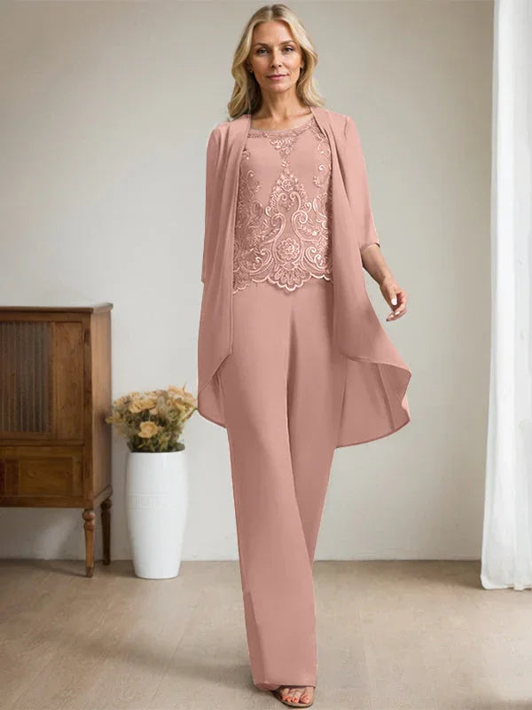 Getrennter Overall/Hosenanzug mit Rundhalsausschnitt, bodenlang, aus Chiffon und Spitze, Mutter-des-Brautkleides mit Perlen und Pailletten
