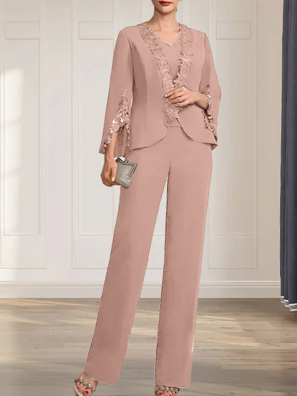 Getrennte Overall/Hosenanzug V-Ausschnitt bodenlanger Chiffon Brautmutterkleid