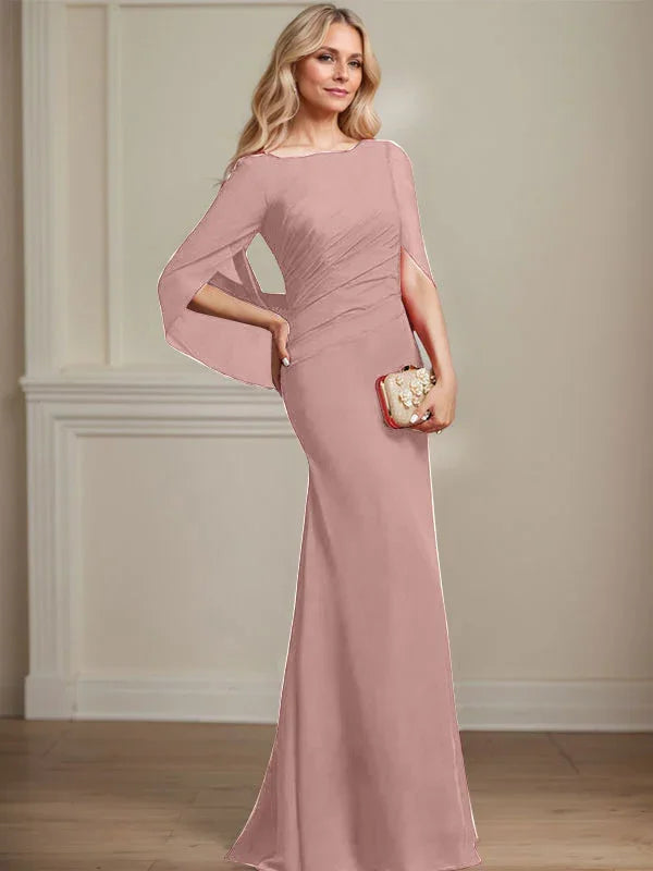 Vestido de madrina de novia de gasa con cuello barco estilo trompeta/cola de sirena y largo hasta el suelo con pliegues