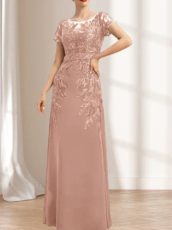 Vestido de madrina de novia con ilusión, corte columna y fajín, largo hasta el suelo, de encaje y gasa con lentejuelas